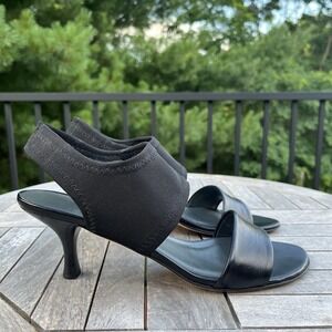 Stuart Weitzman Stretchup Nappa Kitten Heel Womens 9.5 Black Sandal Leather Shoe